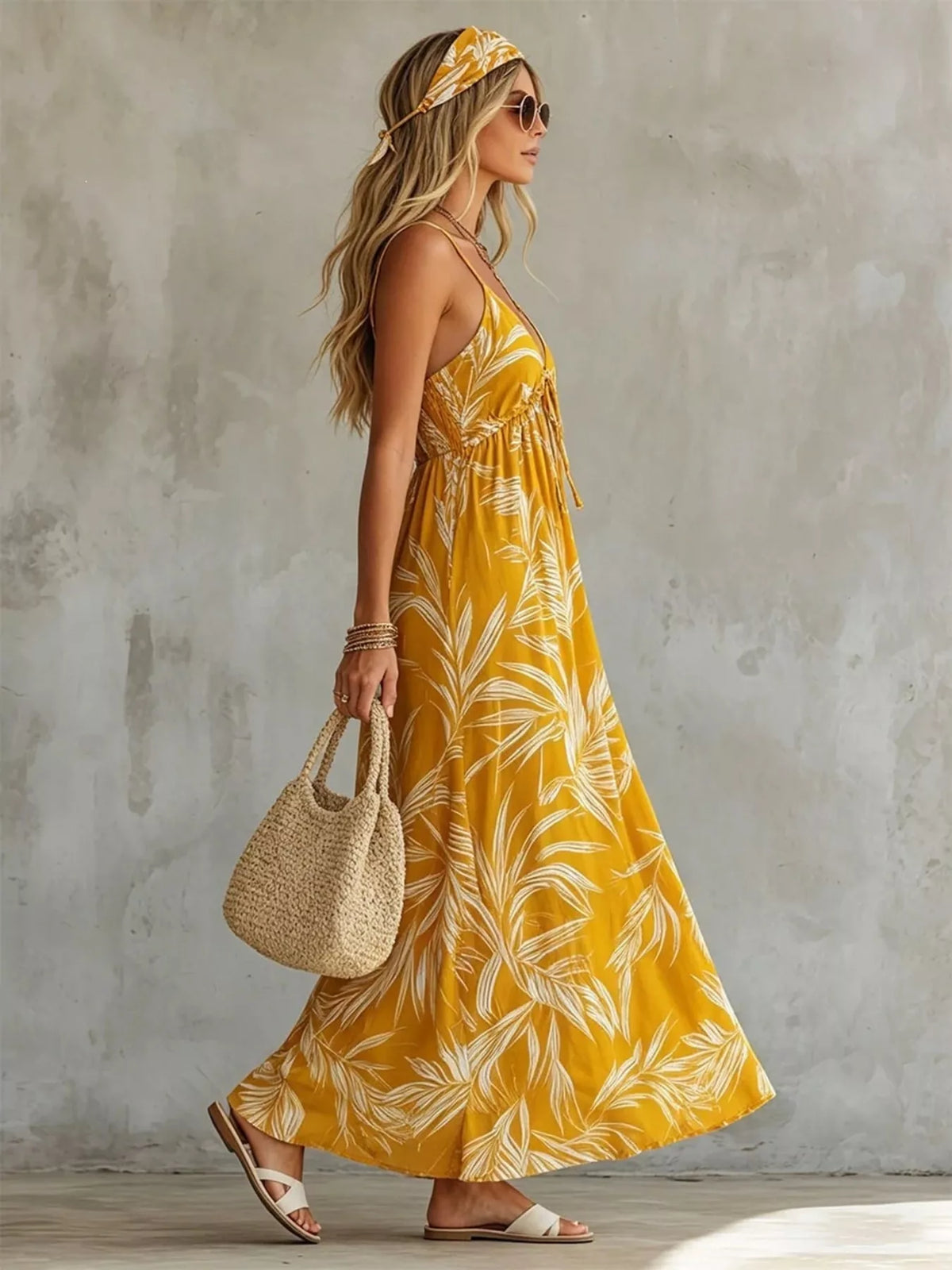 Flowy printed maxi dress with smocked detail
