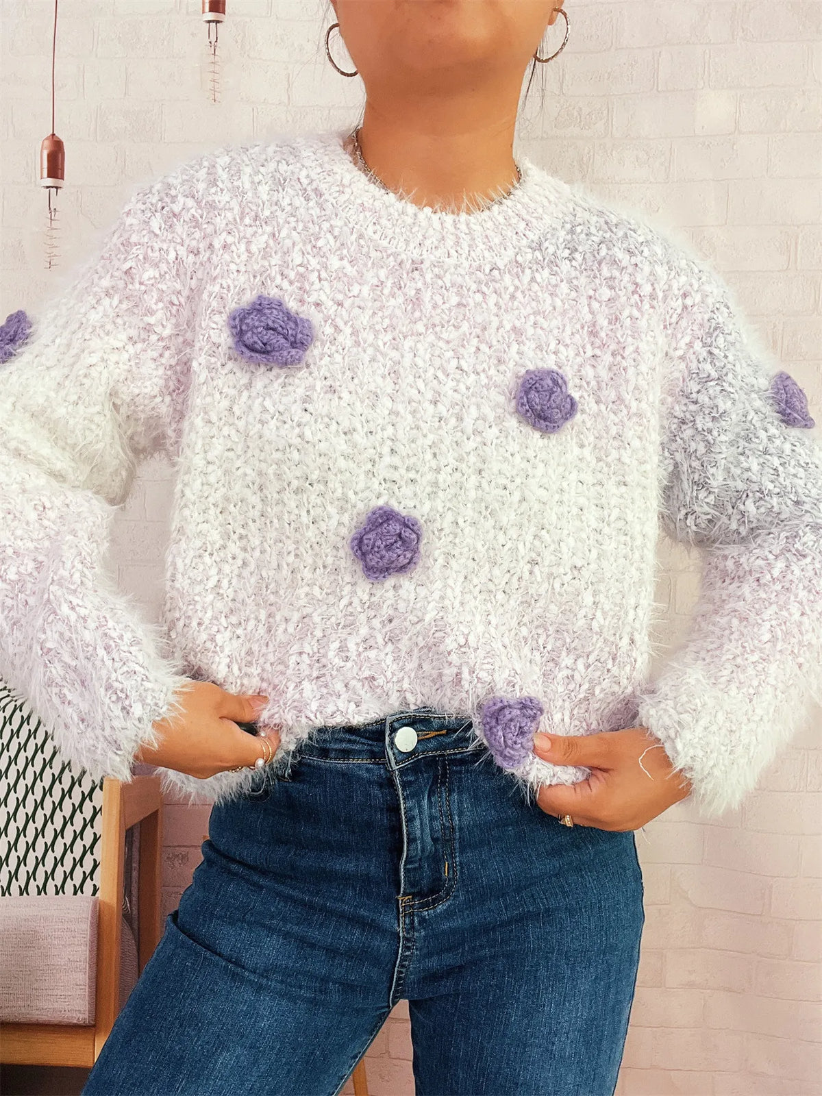 Flower embellished round neck sweater, back view