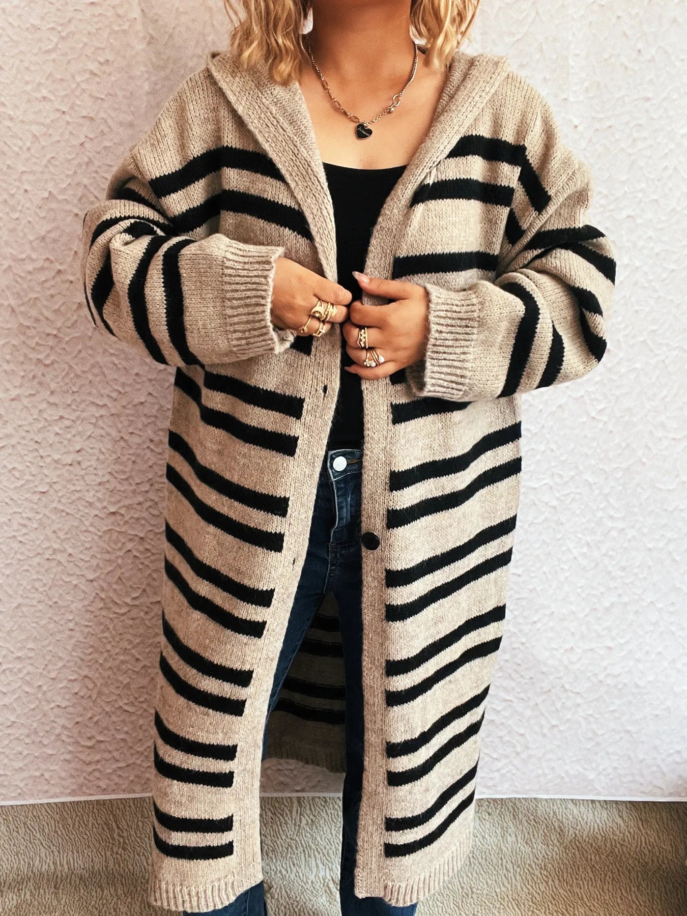 Striped Open Front Hooded Cardigan - Fashorio