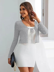 Tie-Front Long Sleeve Cardigan Grey - Fashorio