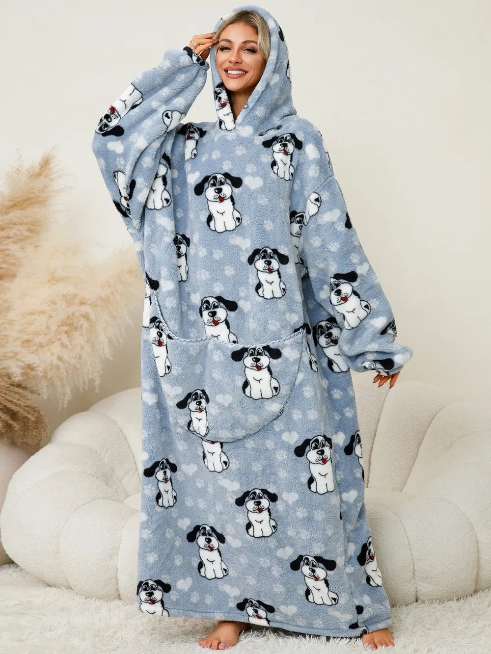 Fuzzy Pocketed Long Sleeve Hooded Lounge Dress - Fashorio