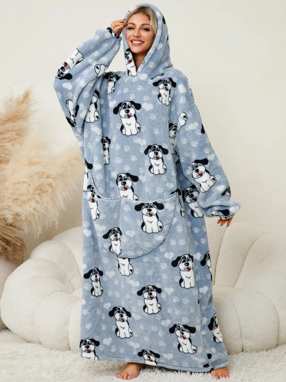 Fuzzy Pocketed Long Sleeve Hooded Lounge Dress - Fashorio
