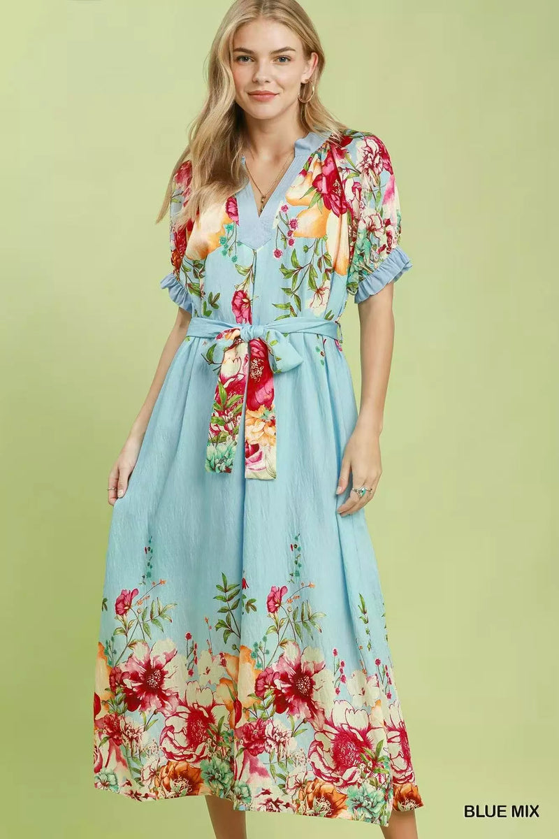 Umgee mixed floral border print midi dress in blue front view