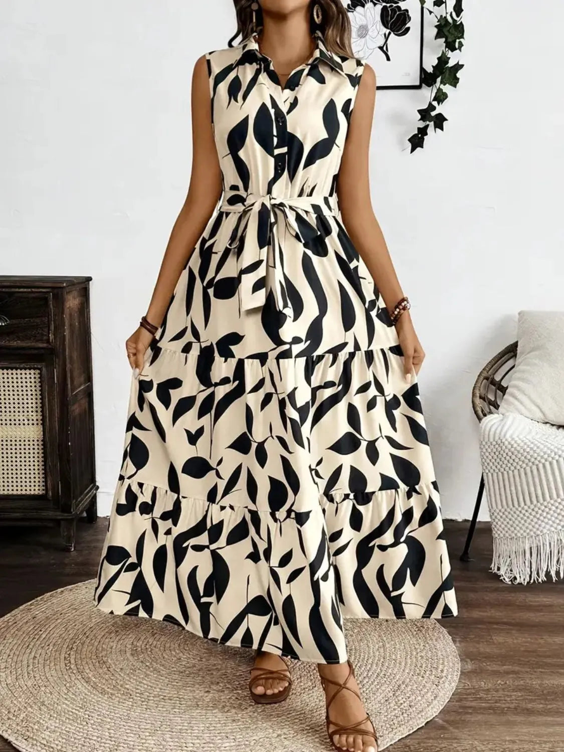Printed tie waist sleeveless maxi dress with buttons detail view