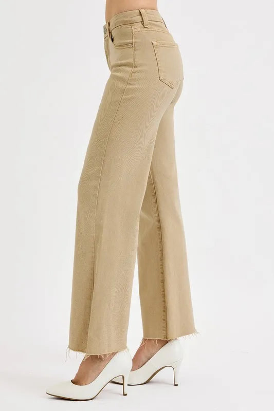 Back view of wide leg tan denim pockets
