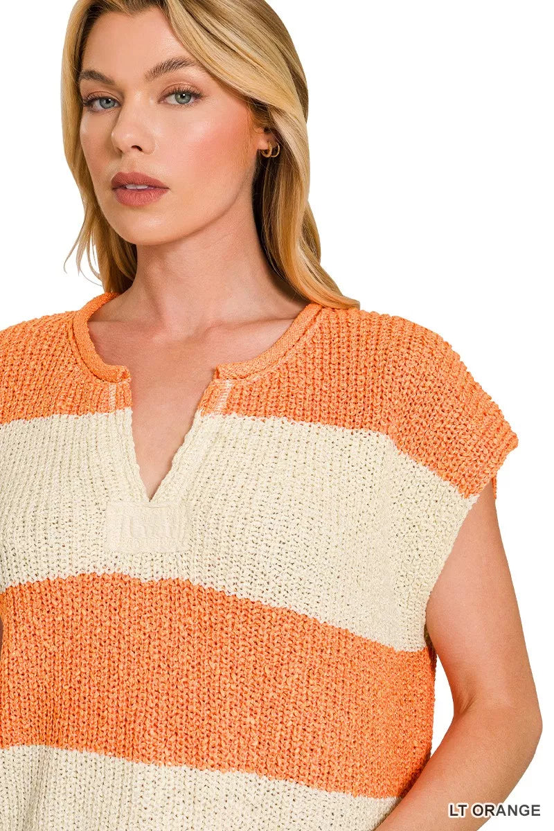 Split Neck Sleeveless Striped Sweater in Orange detail