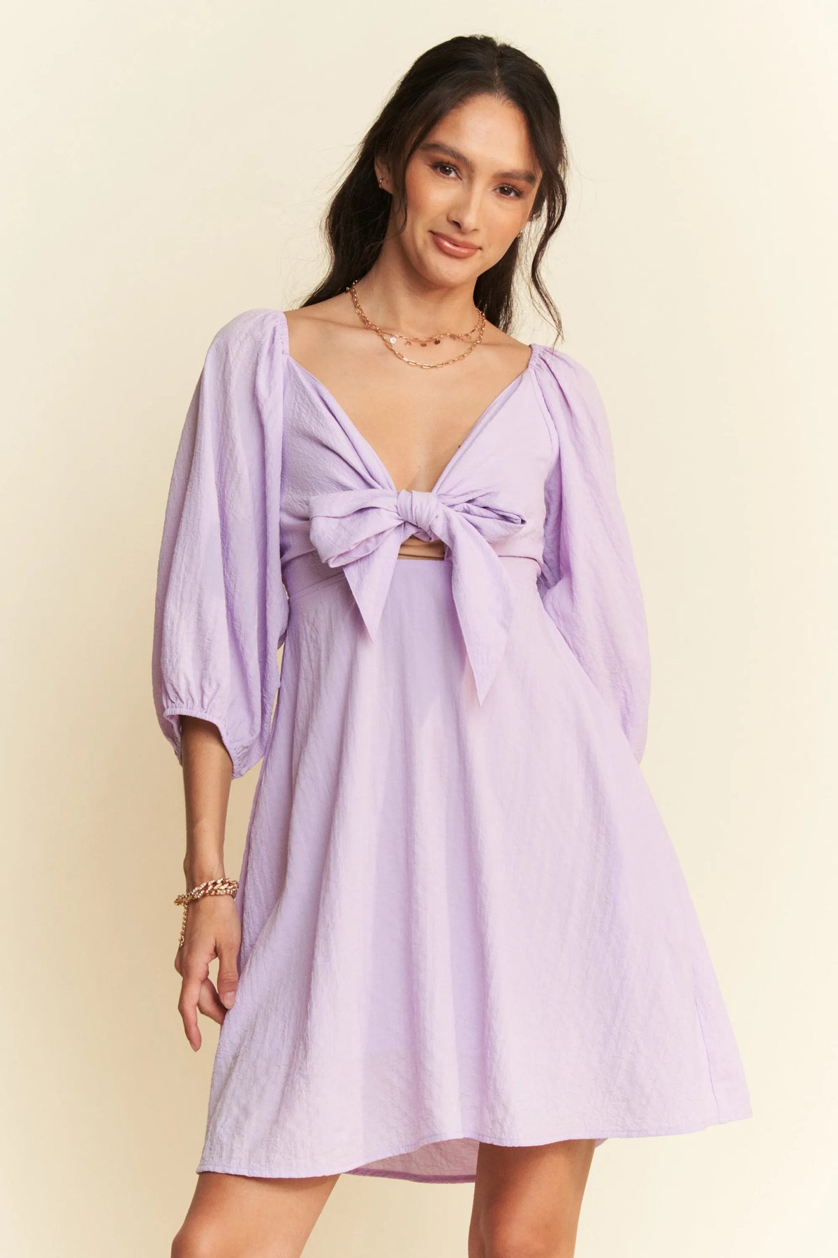 Self Tie Puff Sleeve Smocking Open Back Mini Dress back view
