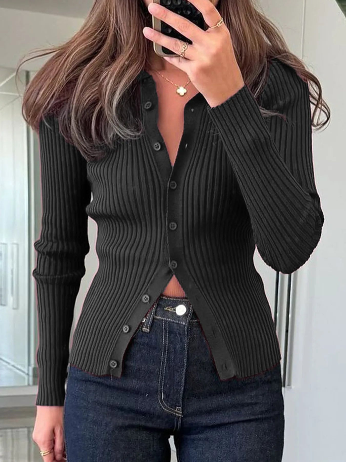 Ribbed Button-Front Long Sleeve Cardigan Black - Fashorio