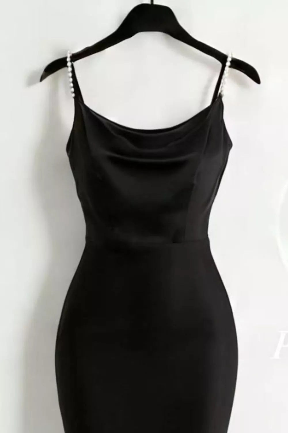 Burgundy satin cowl neck maxi dress with pearl straps front view