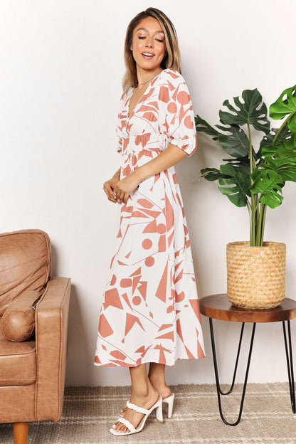 Printed Surplice Balloon Sleeve Dress - Fashorio