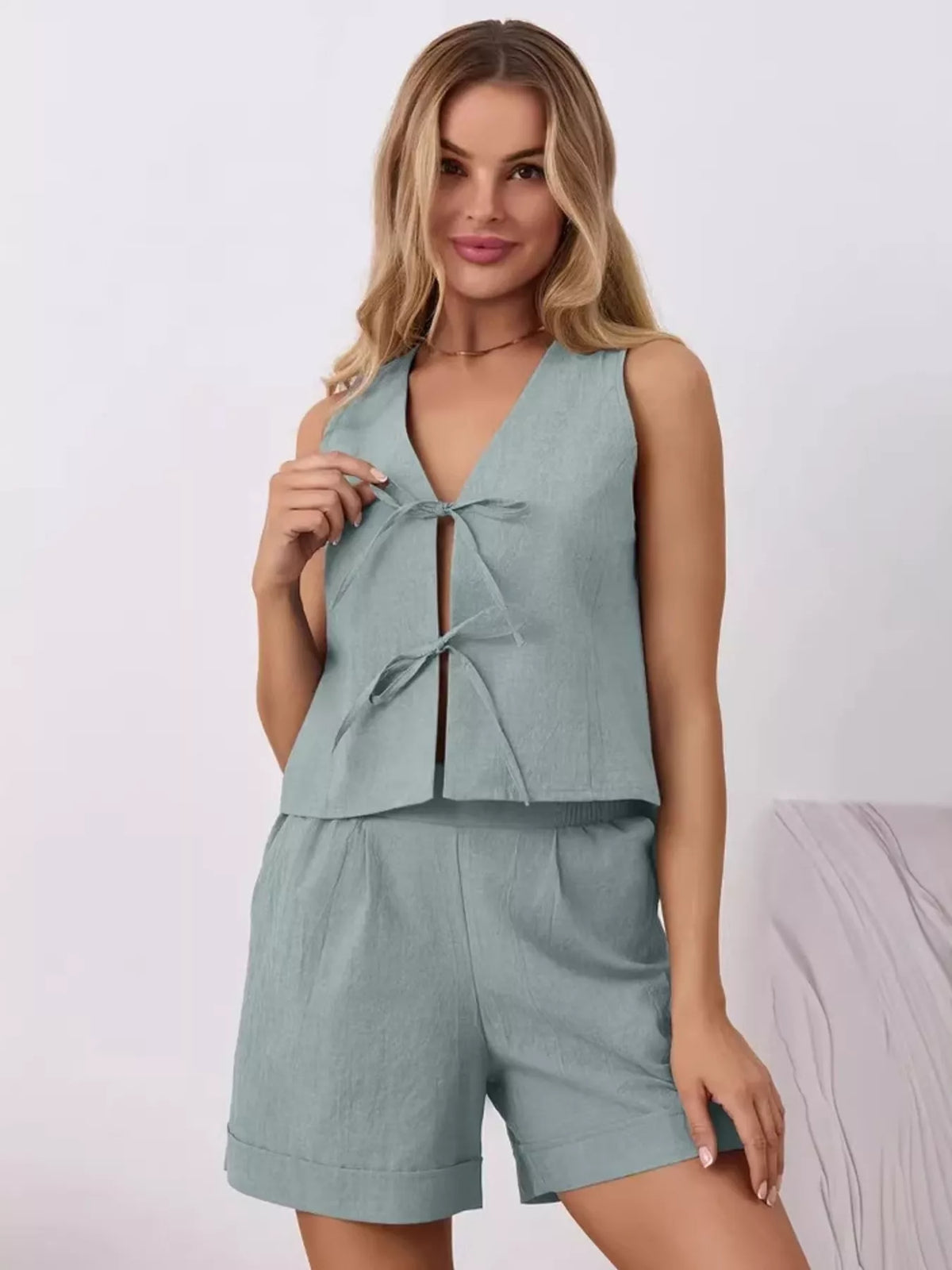 Tie-Front Sleeveless Top and Shorts Set, view 9