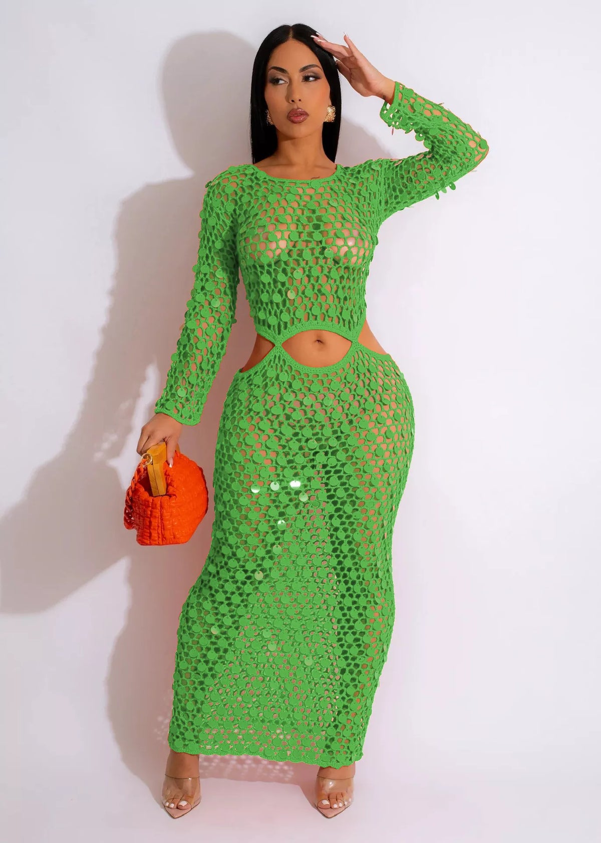 Sequin mesh cutout maxi dress front view