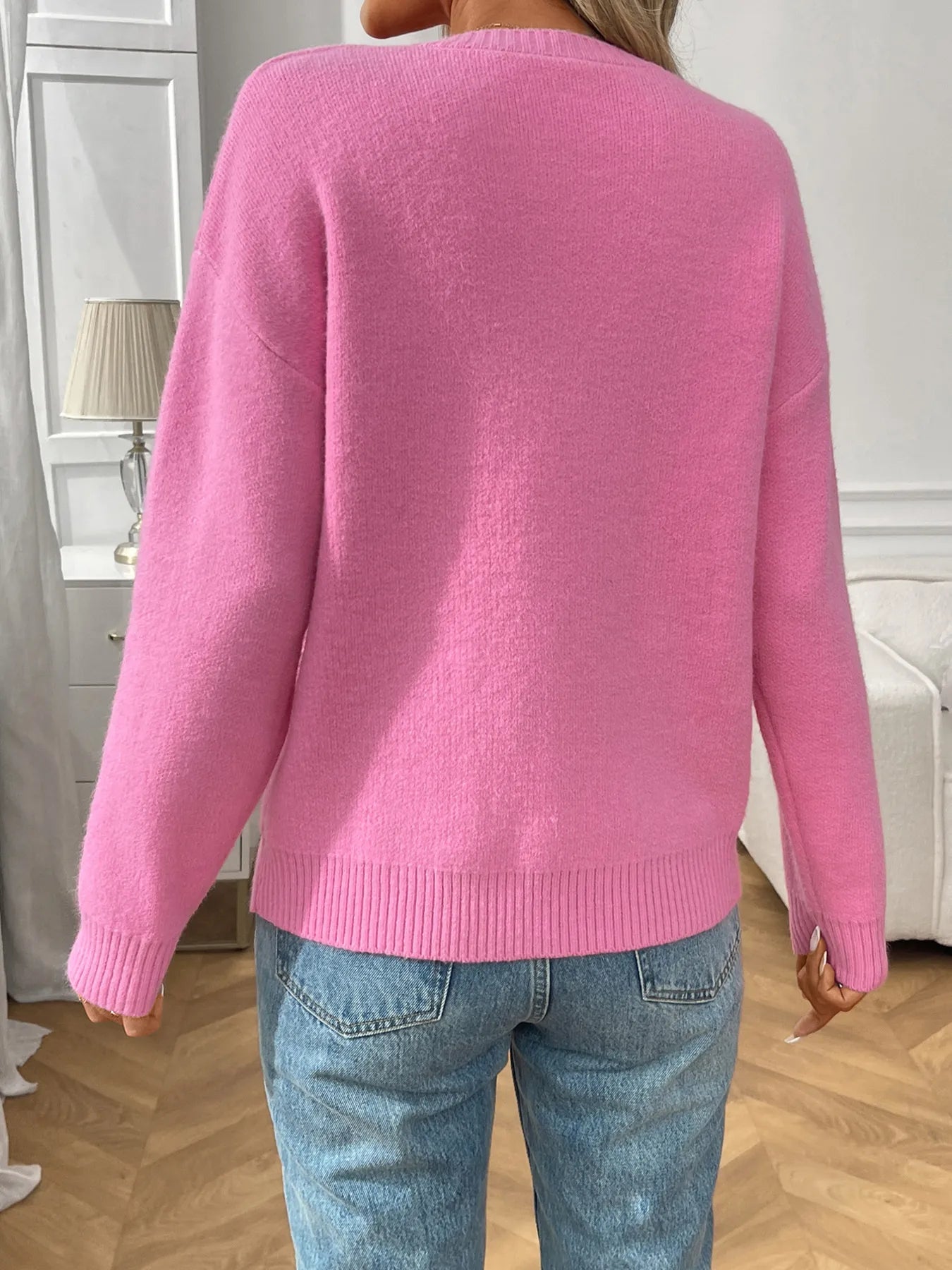 Bow Graphic Ribbed Hem Round Neck Sweater - Fashorio