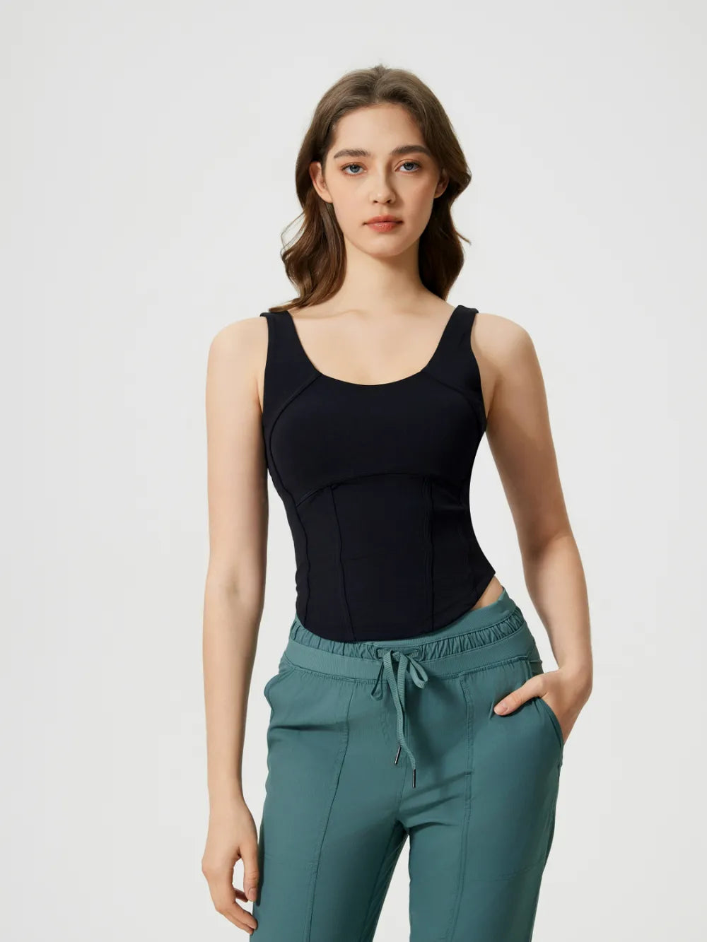 Round neck wide strap padded active tank styling view