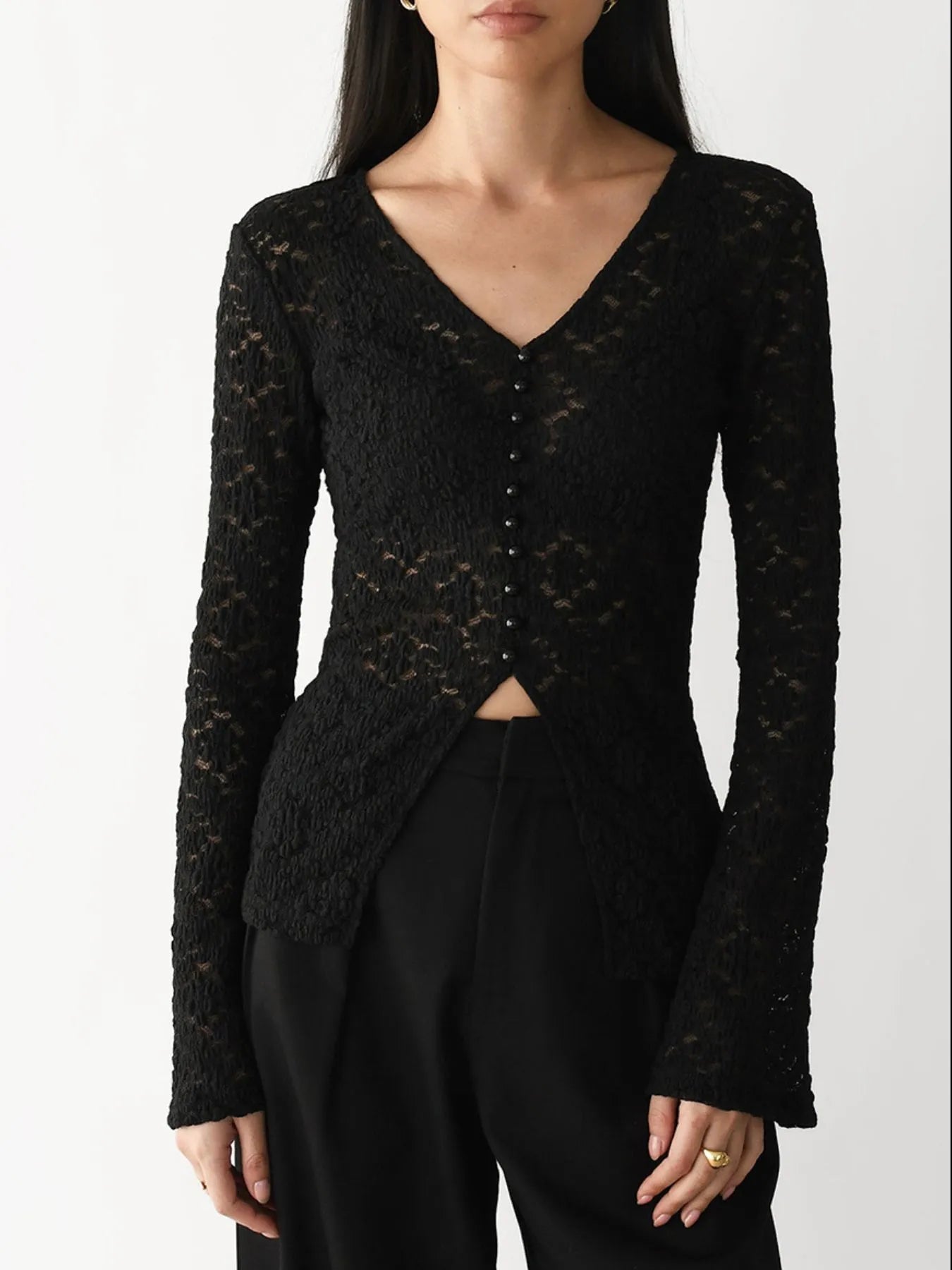 Lace V-Neck Flare Sleeve T-Shirt - Fashorio
