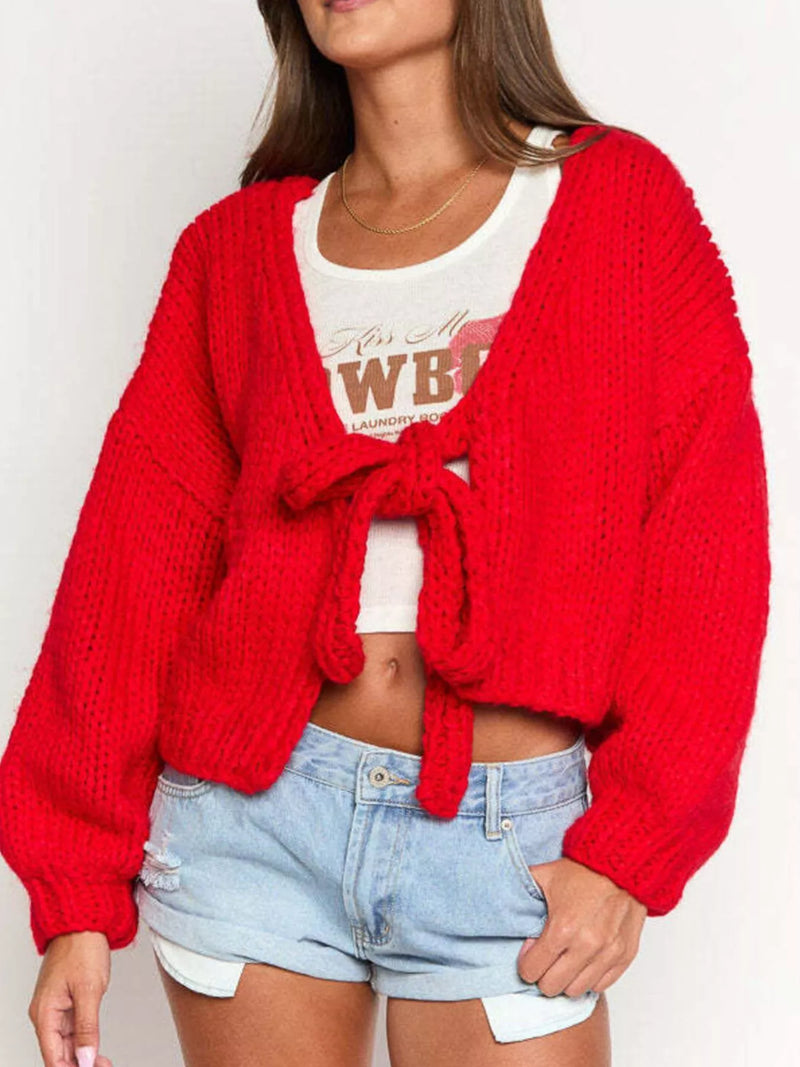 Chunky knit tie front cardigan front view