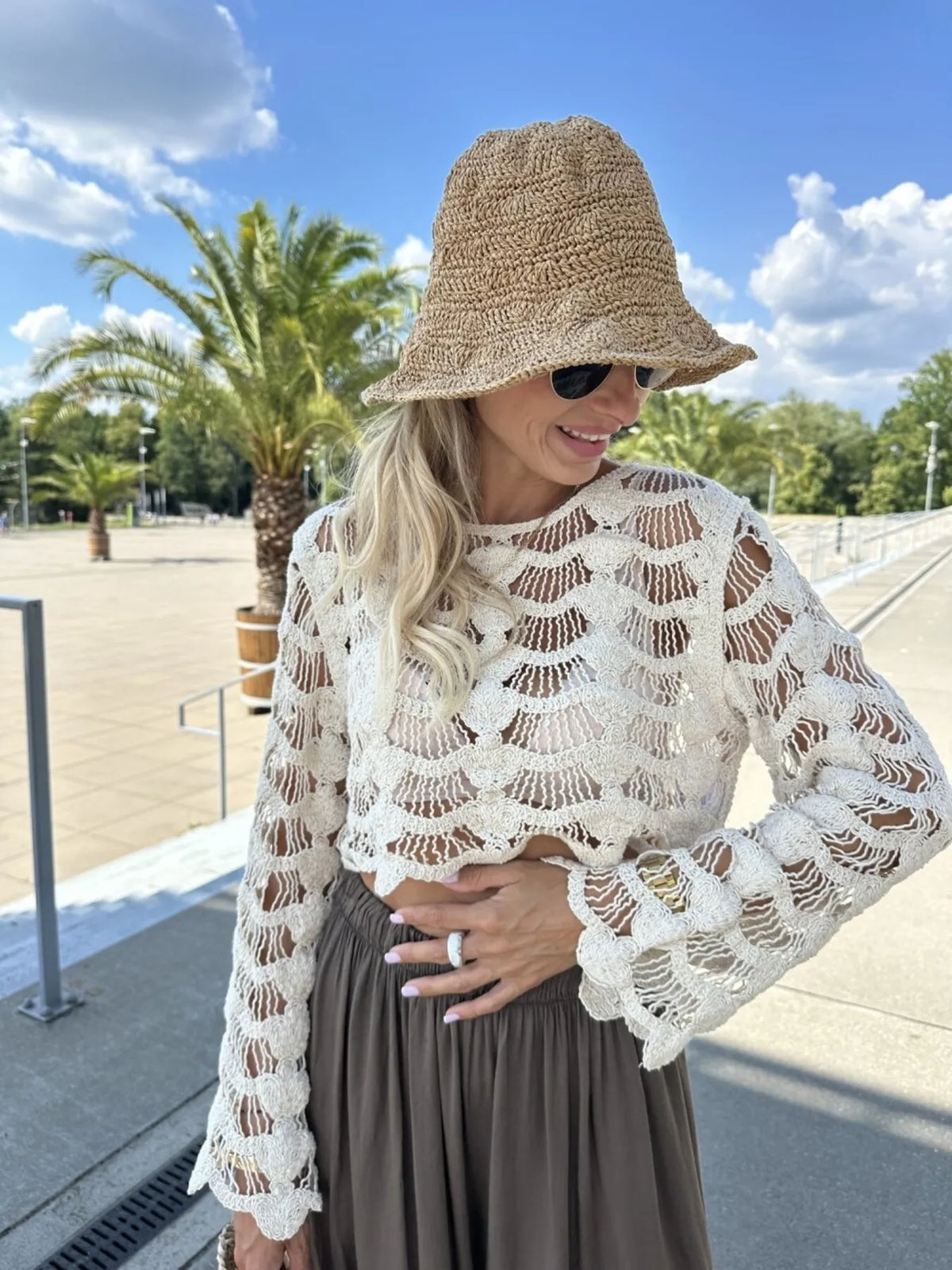 crochet long sleeve knit beach cover up styled on model