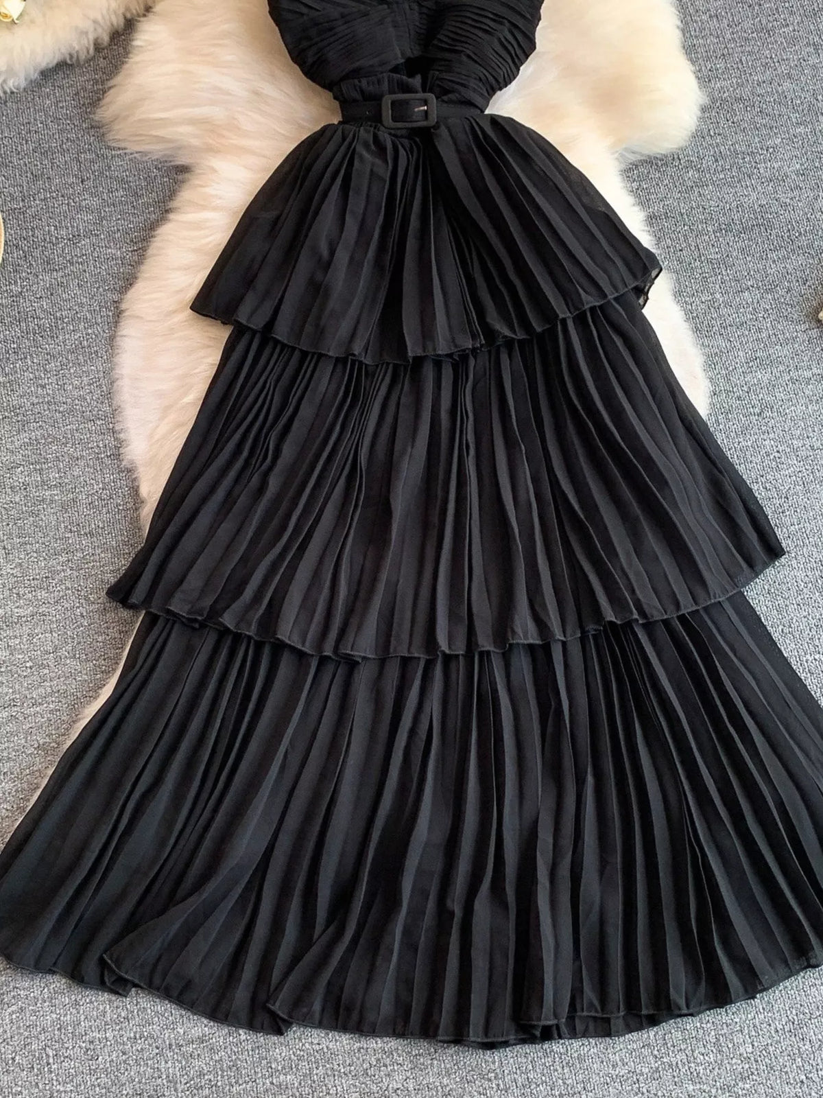 Pleated layered spaghetti strap midi dress back detail