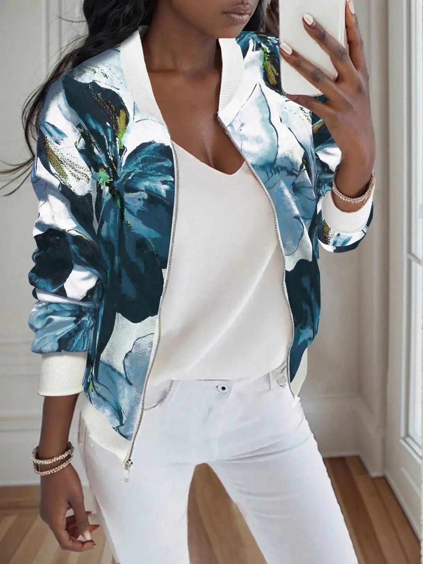 Printed Zip-Up Long Sleeve Jacket – Lightweight Casual Layer - Fashorio