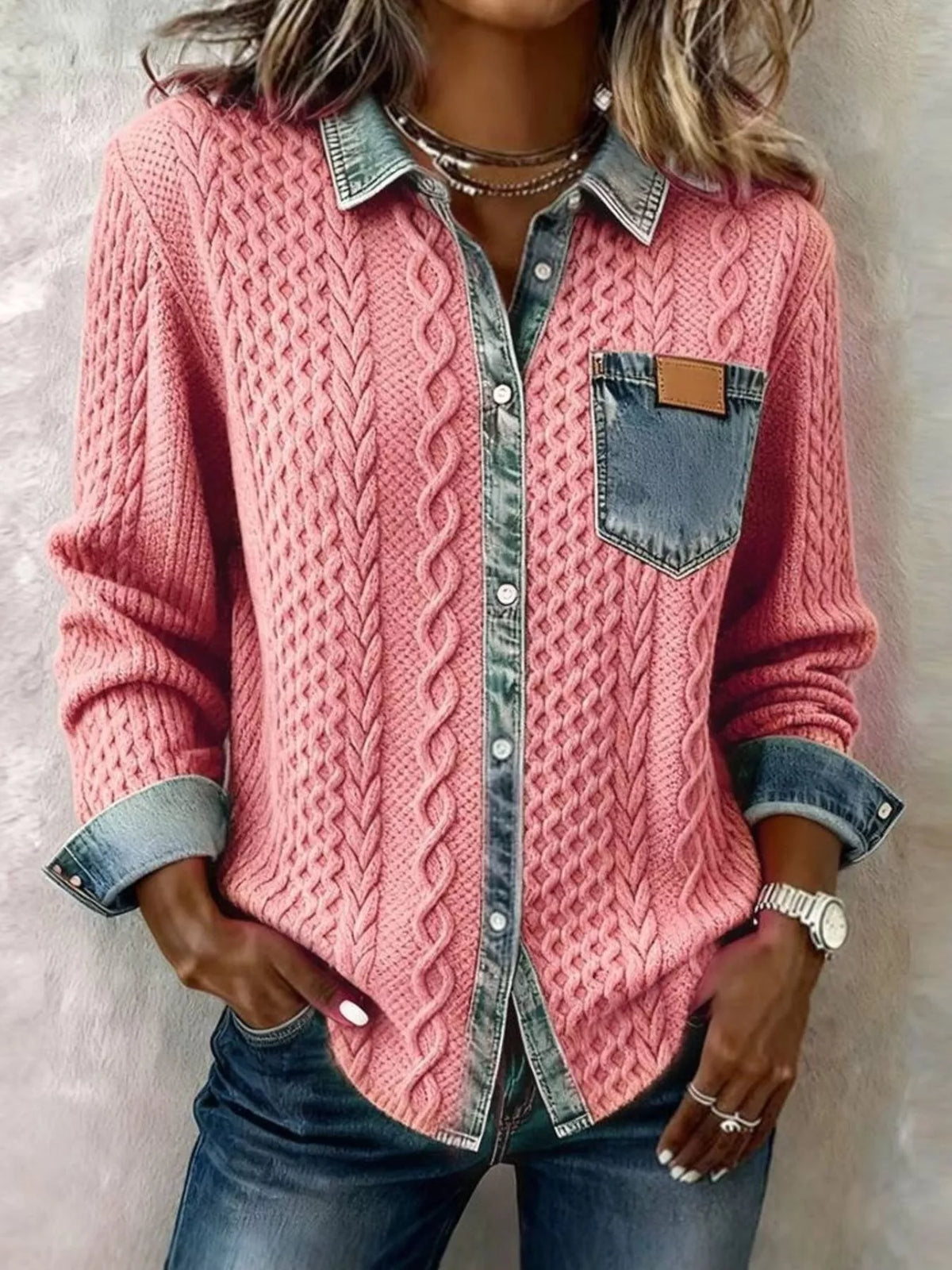 Denim Trim Cable Knit Cardigan, view 7