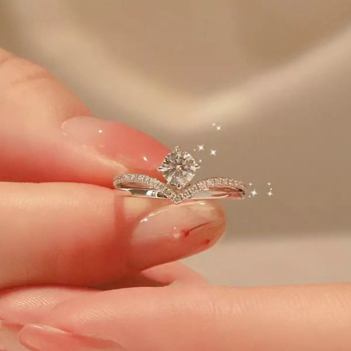 Adjustable band detail on a sterling silver moissanite ring
