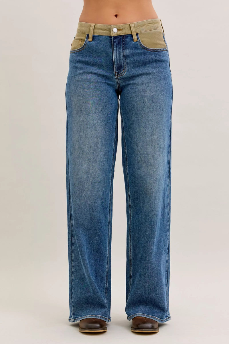 Judy Blue mid rise corduroy waist column jeans front view