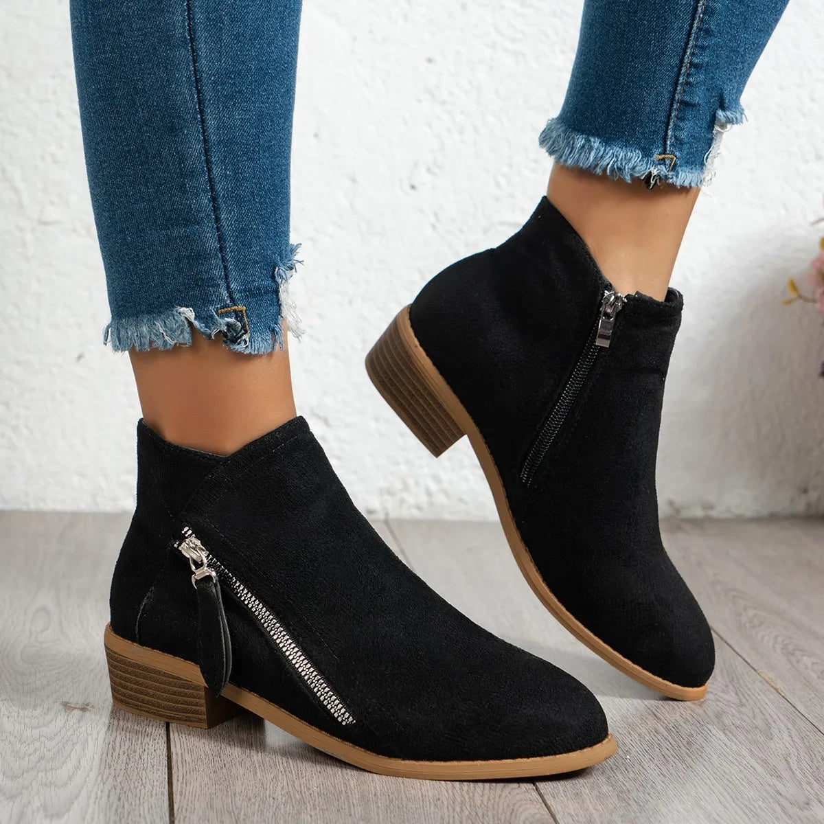 Side zip block heel ankle boots front view