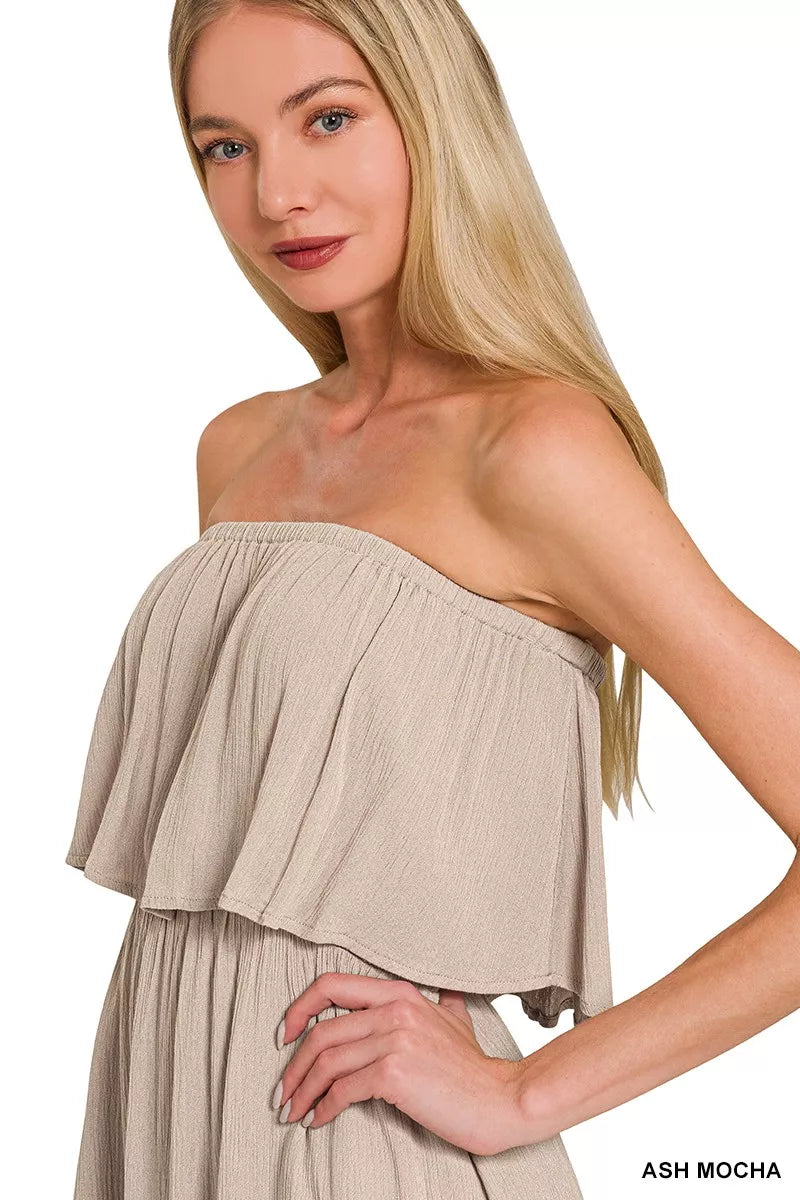 Zenana woven crinkle strapless maxi dress in ash mocha back view
