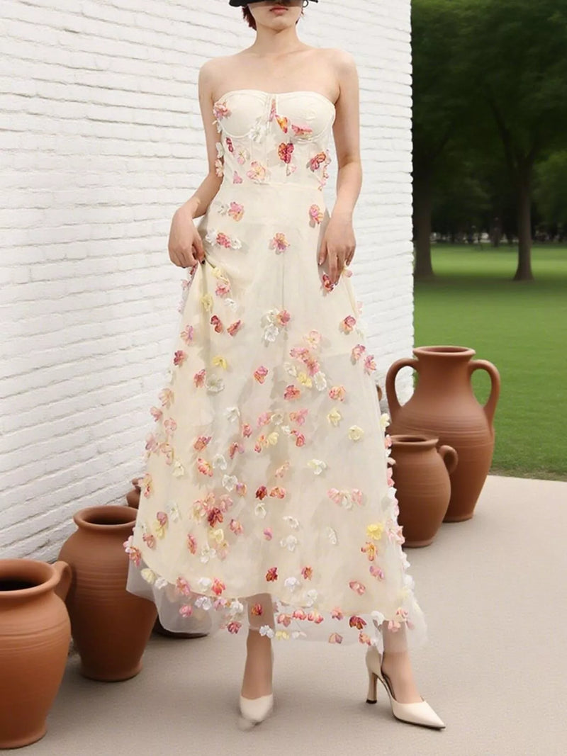 Strapless floral applique tulle maxi dress in apricot, front view