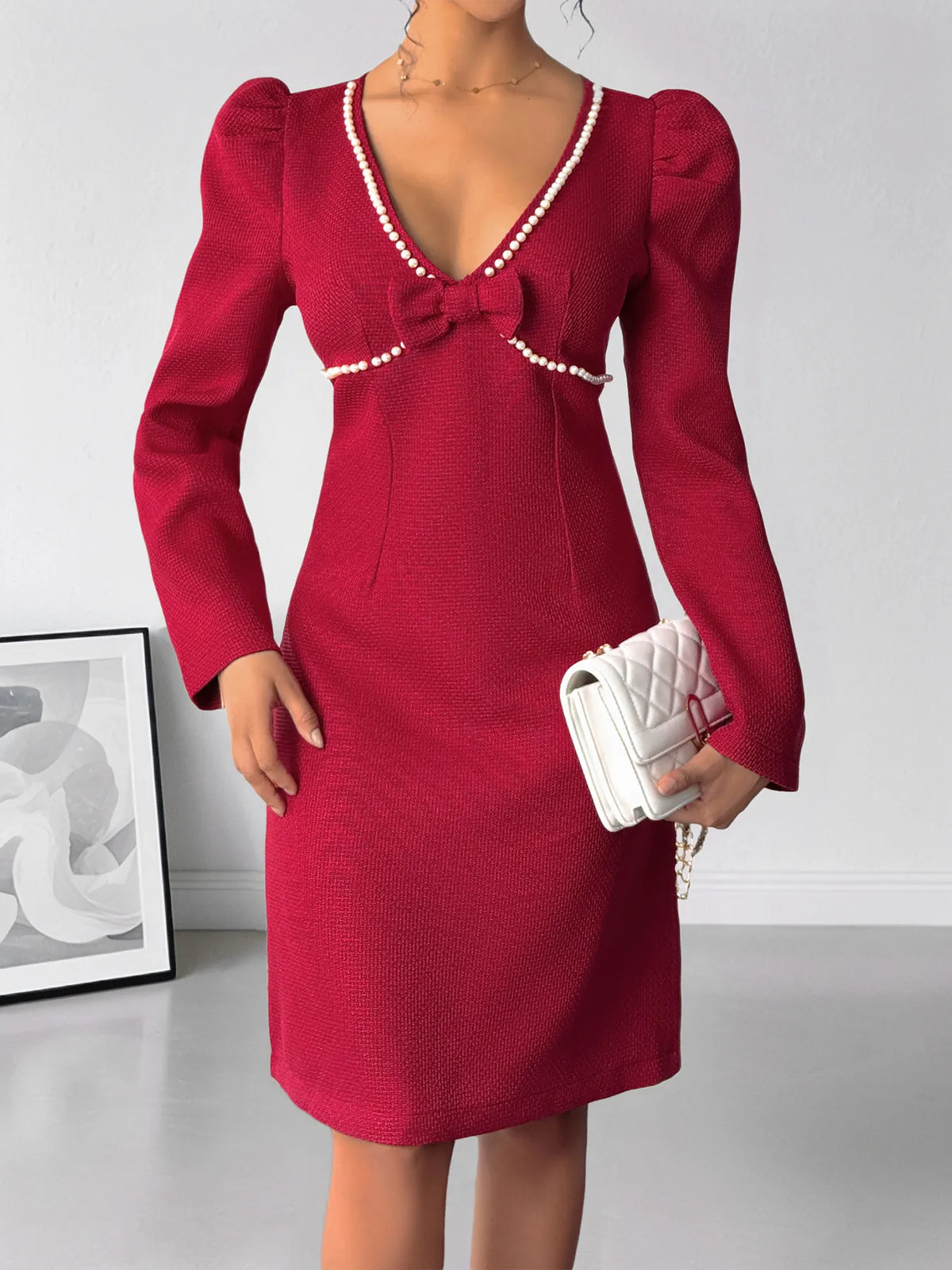 Red pearl trim V neck long sleeve bodycon dress full length view