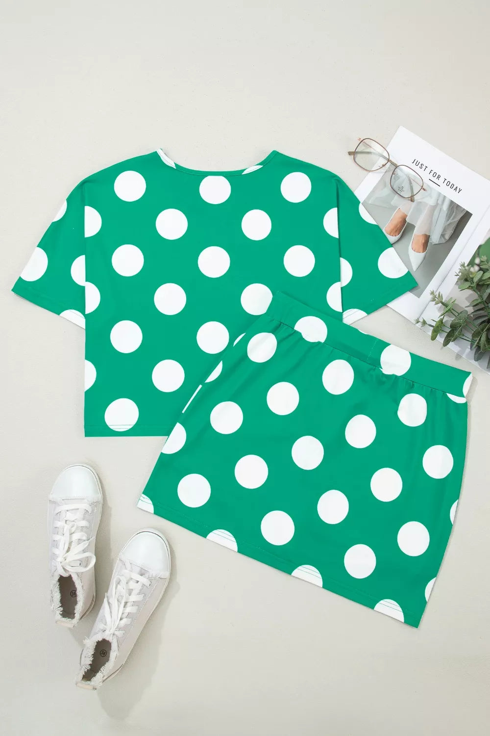 Back view of polka dot tee and skort set