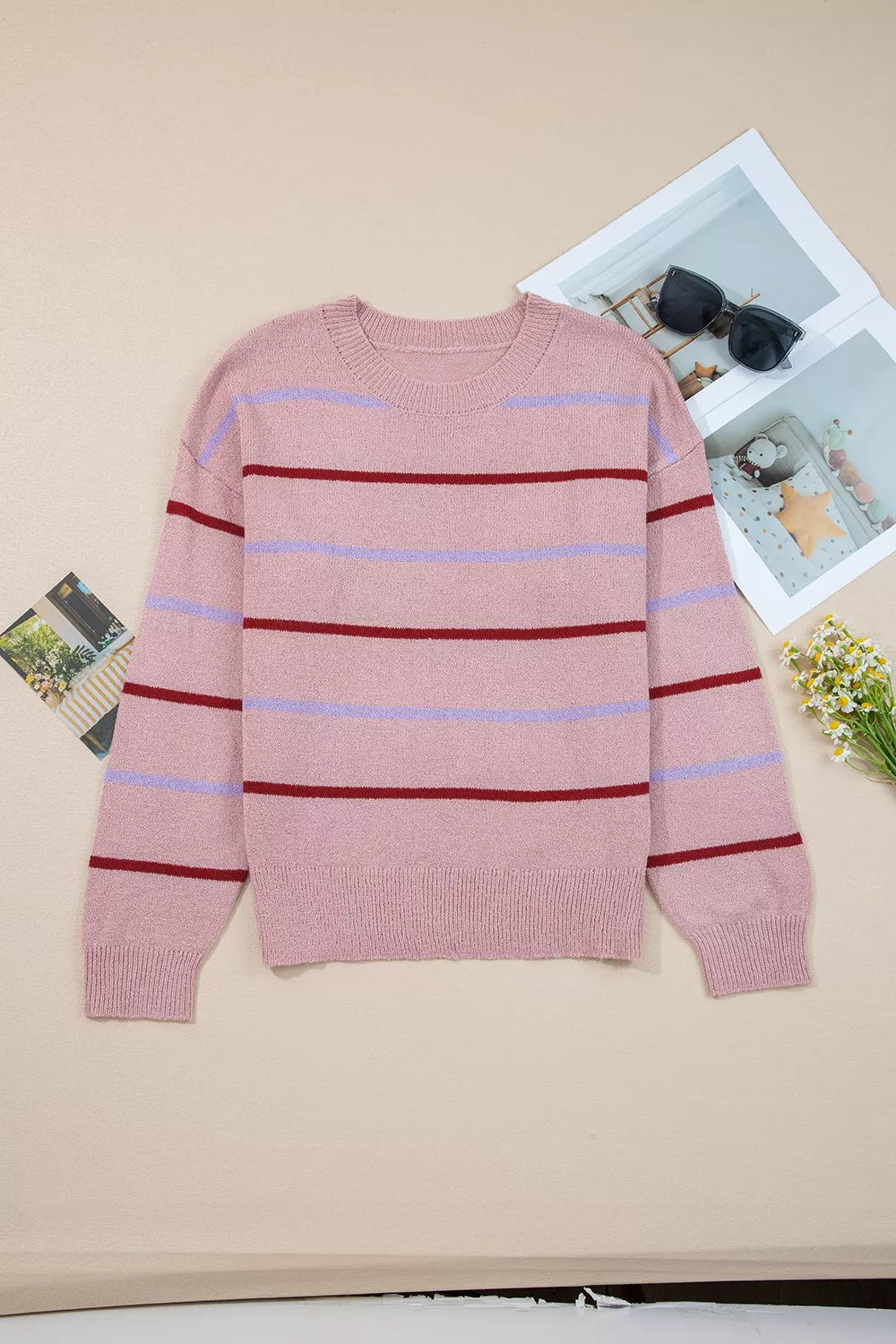 striped drop shoulder long sleeve sweater dusty pink back view