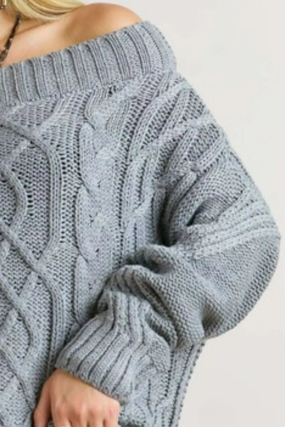 Cable Knit Off Shoulder Sweater in Gray side view