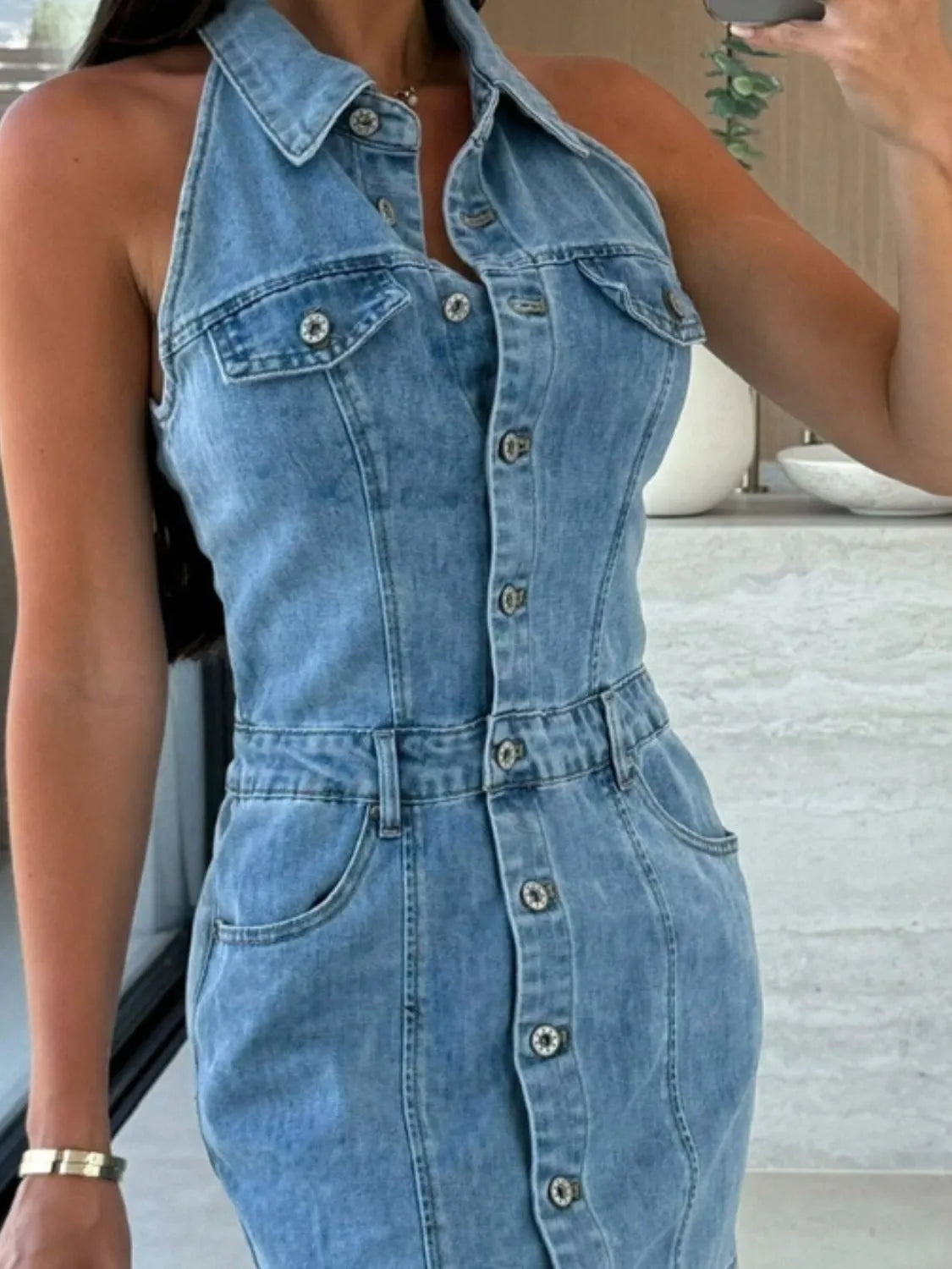 Button Front Sleeveless Denim Mini Dress - Fashorio