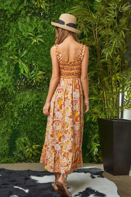 Smocked Geo Ruffle Strappy Midi Dress in Orange view 9