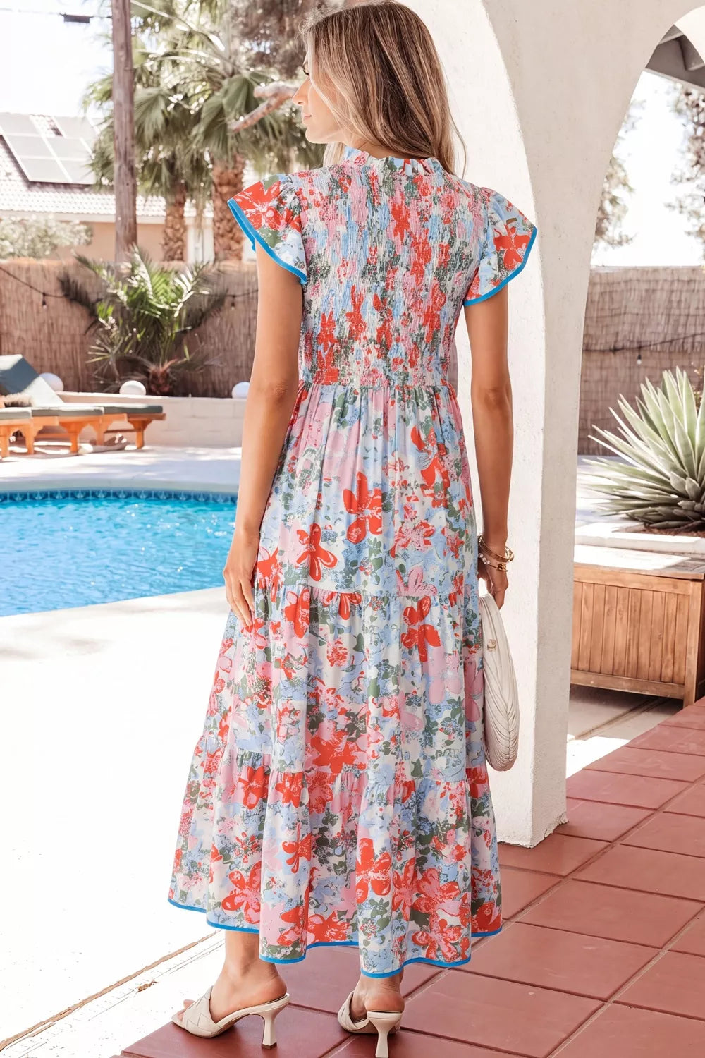 Floral print V neck flutter sleeve maxi dress back view