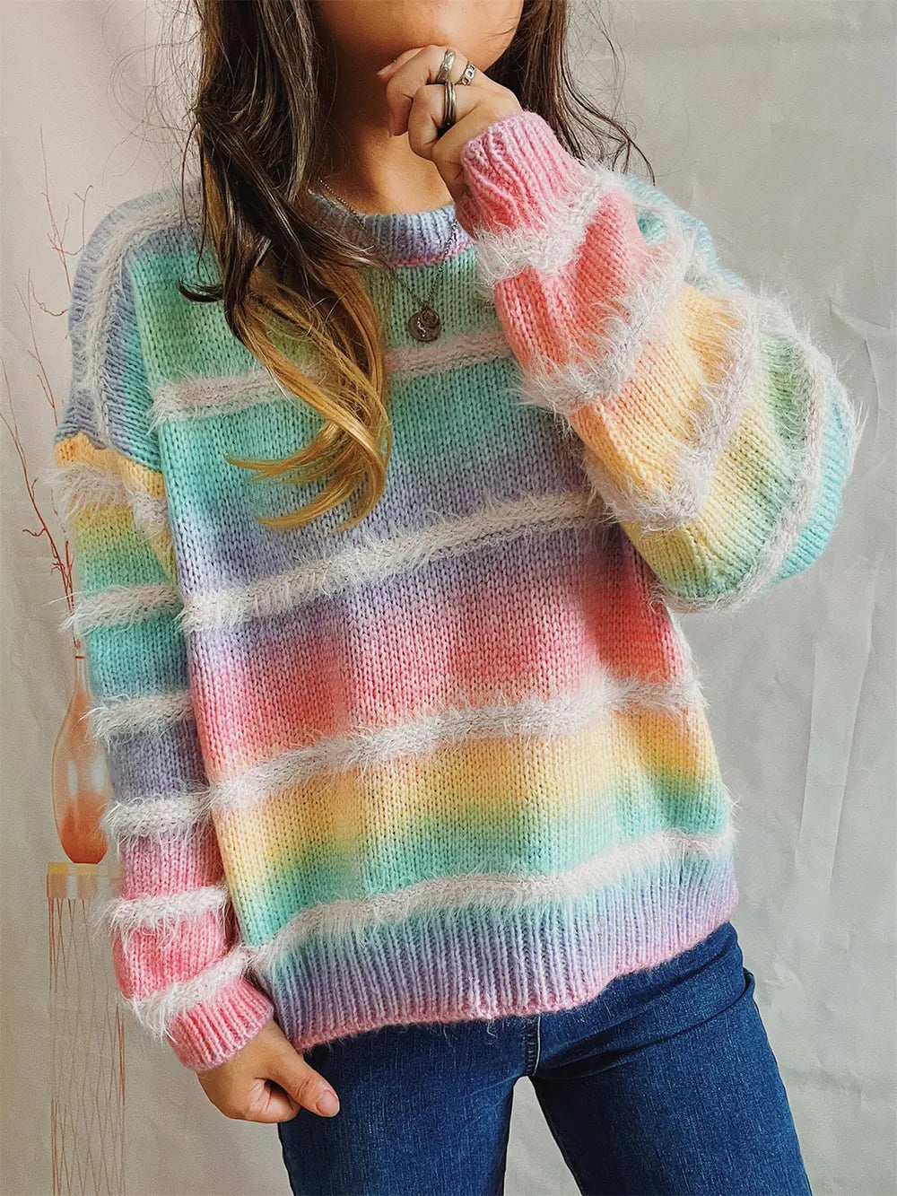 Striped Round Neck Long Sleeve Sweater - Fashorio