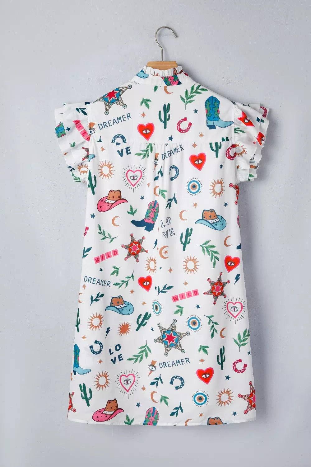 White western print flutter sleeve button down mini dress styled view