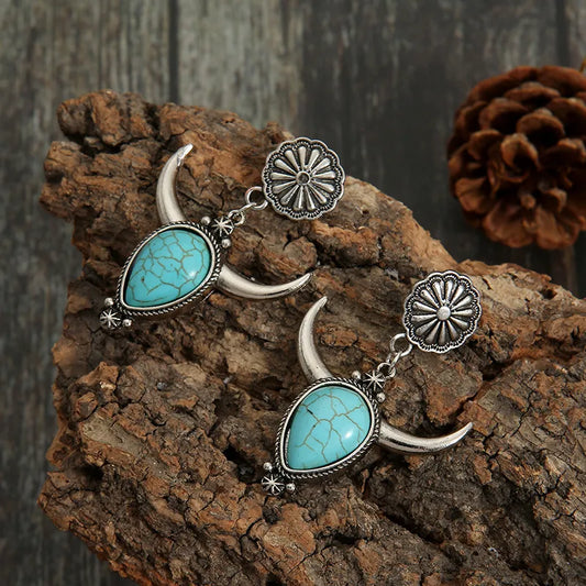 Artificial Turquoise Alloy Cow Head Earrings Silver One Size - Fashorio