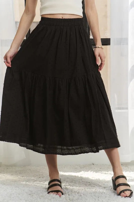 ADORA Elastic Waistband Tiered Midi Skirt - Fashorio