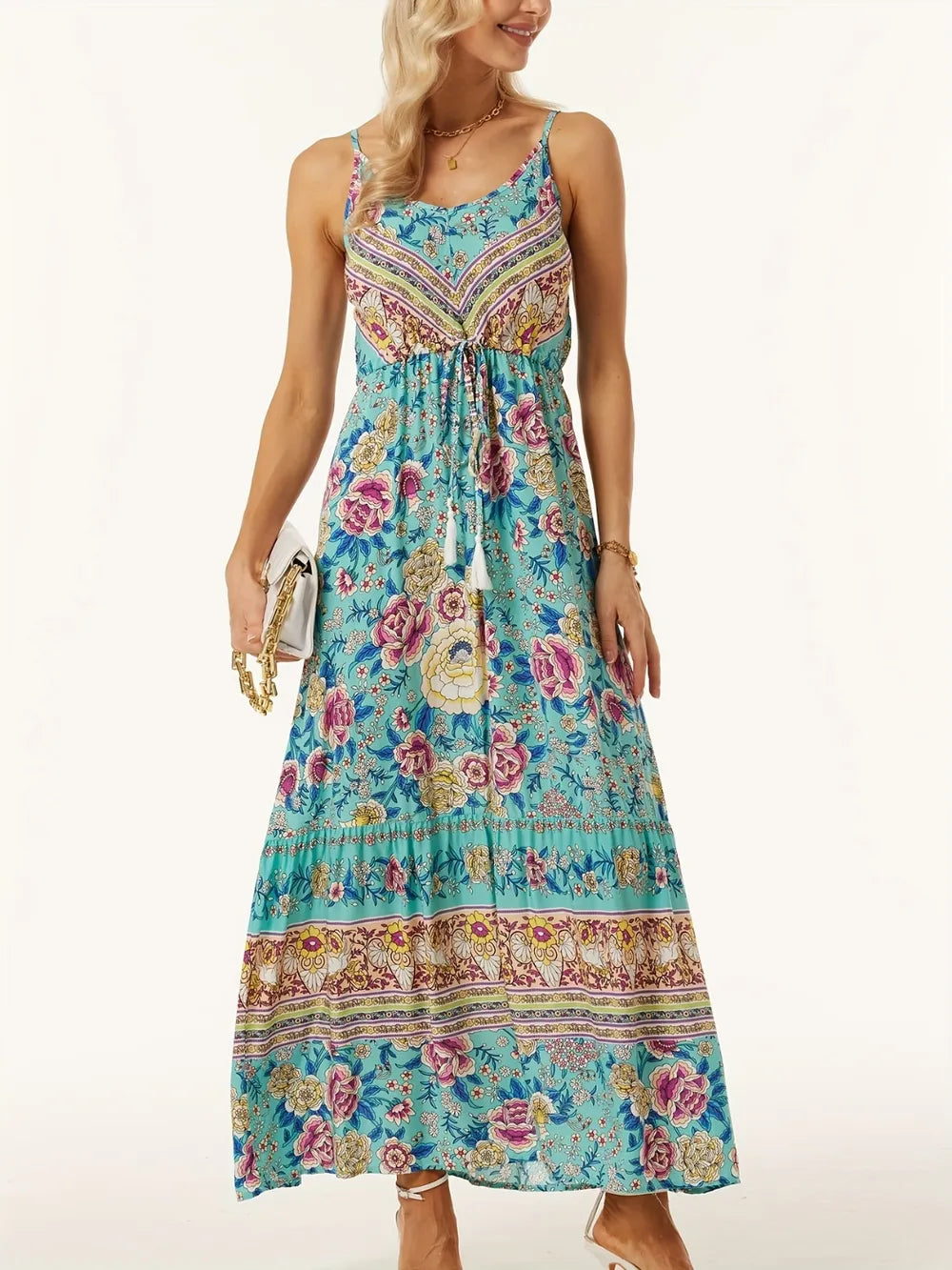 Printed scoop neck cami maxi dress front view