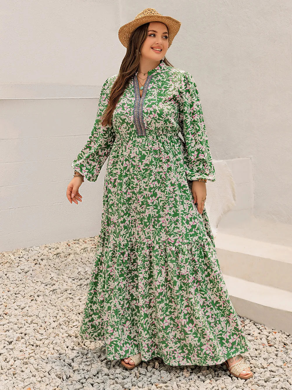 Plus size printed notched neck long sleeve maxi dress movement shot