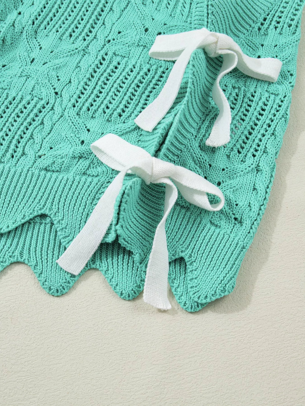Pointelle Knit Scalloped Trim Short Sleeve Sweater, view 8