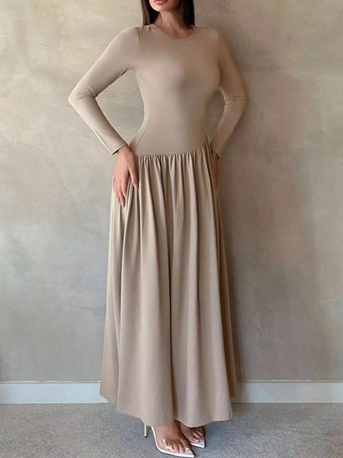 Long Sleeve Ruched A Line Maxi Dress side view