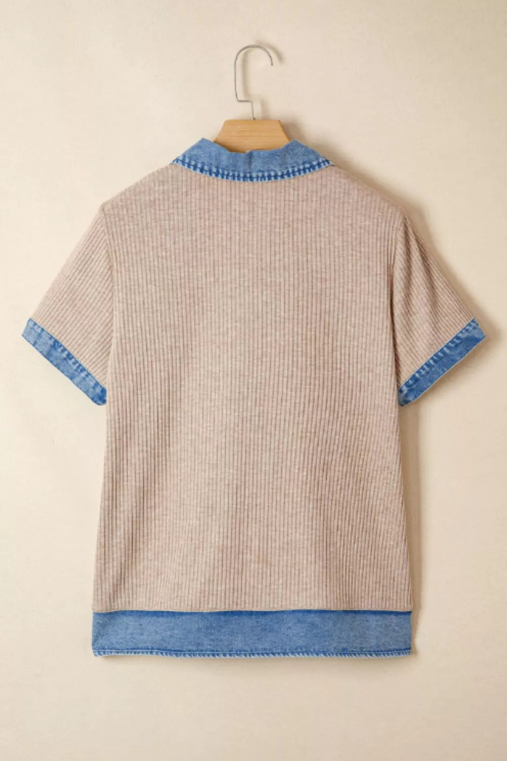 Mocha ribbed knit top with denim collar detail view