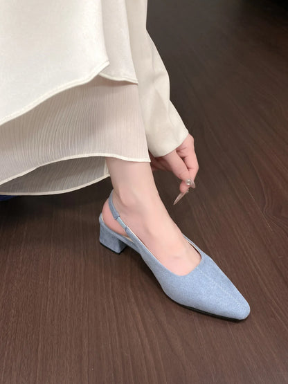 Point Toe Block Heel Pumps Blue - Fashorio