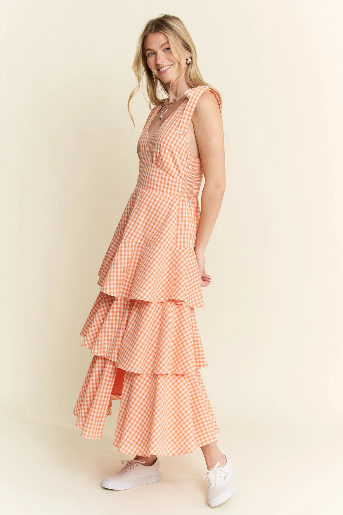 Sleeveless Gingham Print Tiered Midi Dress view 12