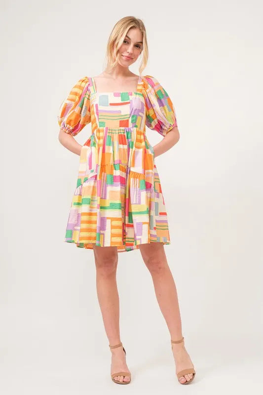Square Neck Puff Sleeve Geo Printed Mini Dress on model