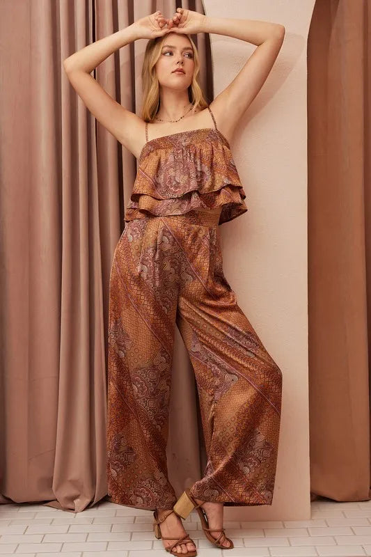 Sleeveless paisley crop top back view with smocking