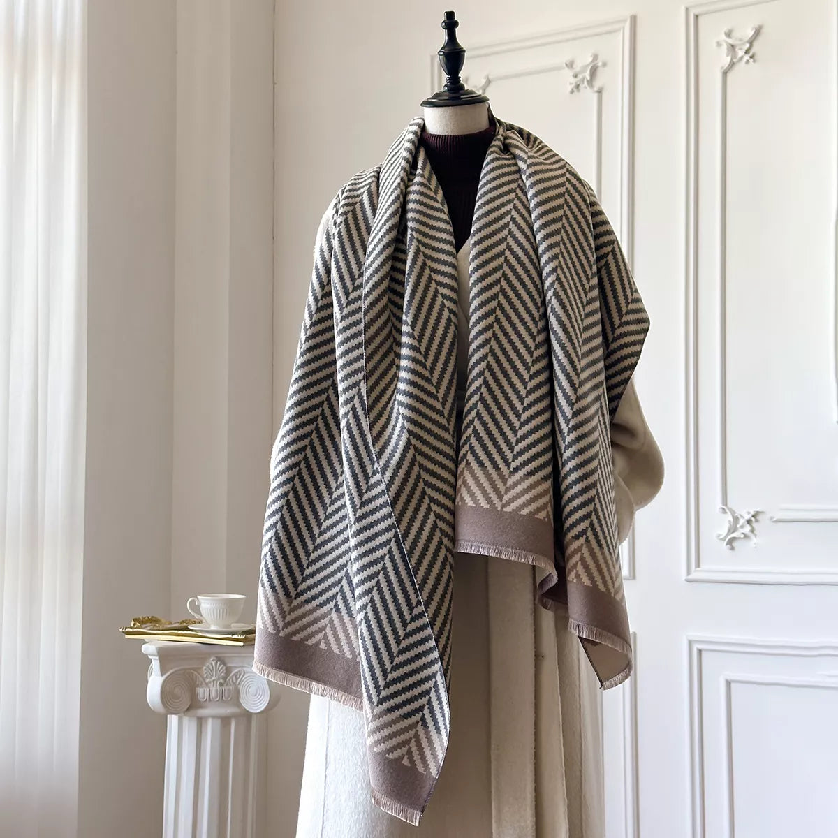 Raw hem soft cotton scarf shown around the neck